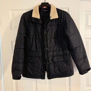Lands End Woman’s Black Quilted Jacket with Sherpa Collar